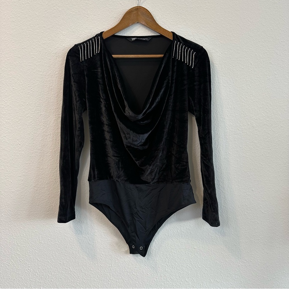 Zara Cowl Neck Rhinestone Fringe Velvet Bodysuit 135